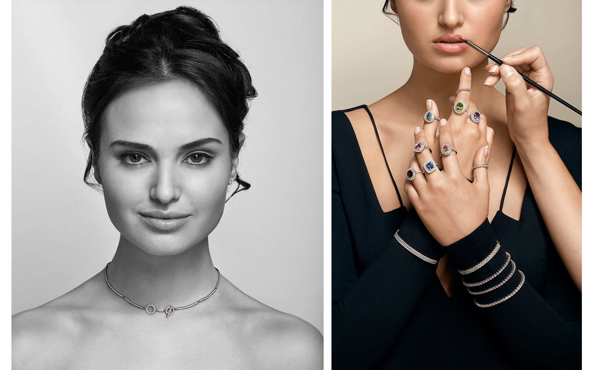 advertising jewellery photo shoot for winsor bishop & Prestons Norwich with model in  photo studio norwich pink backdrop