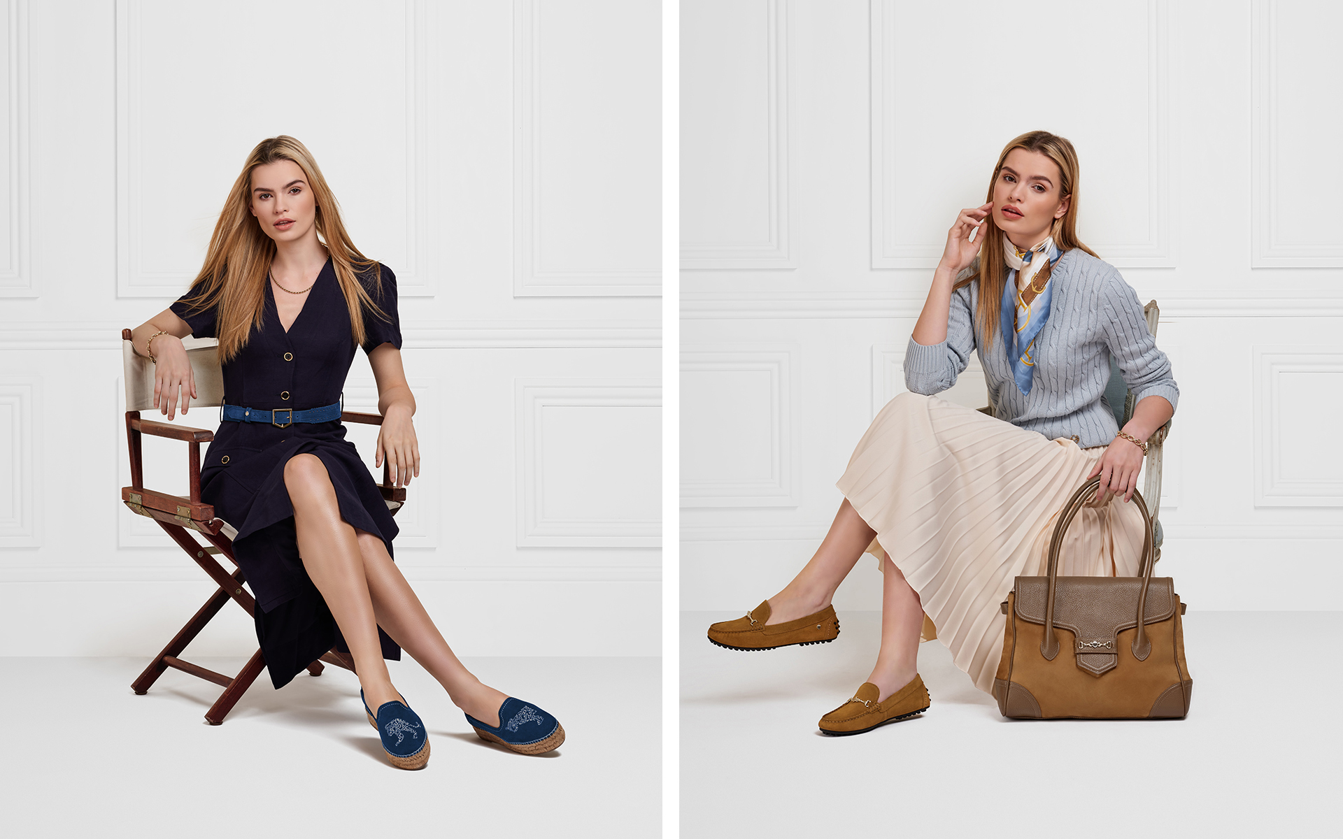 e commerce fashion photo shoot for fairfax & favour with model on a white panel wall  in photo studio in norwich