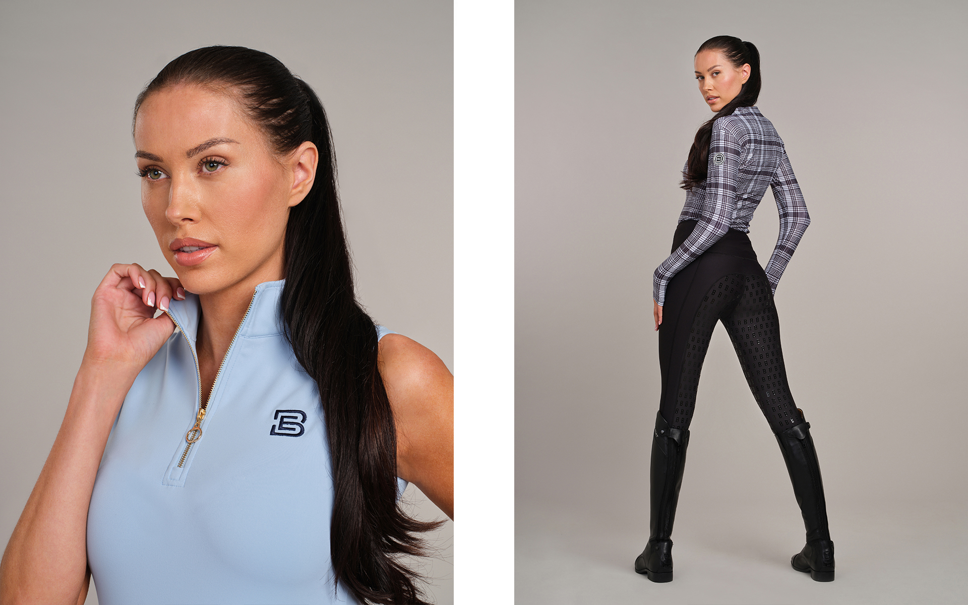 e commerce fashion photo shoot for  bakers equestrian with model on a light grey backdrop  in photo studio in norwich
